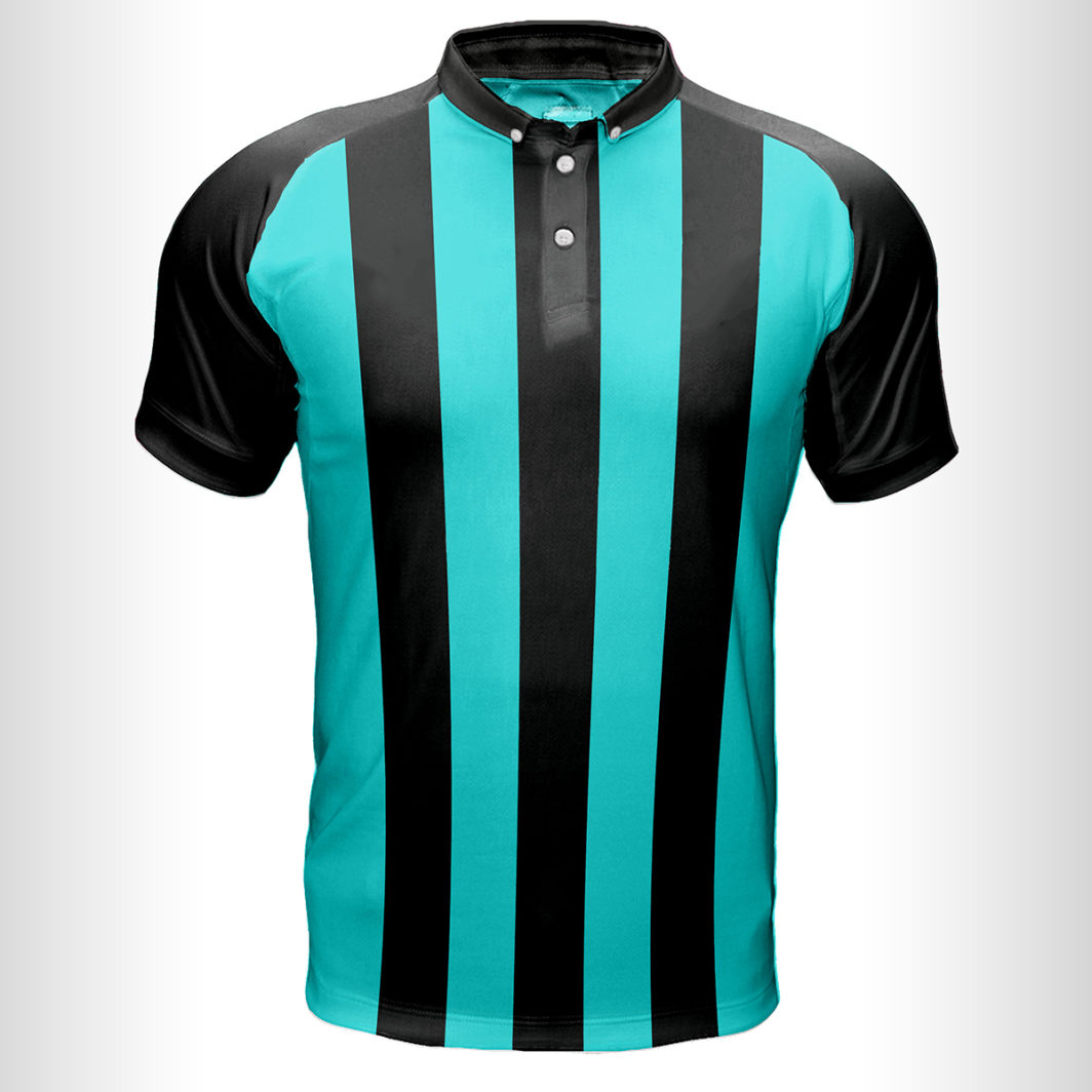 polo shirt in teal and black stripes