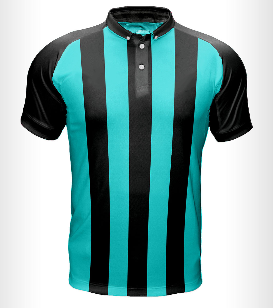 polo shirt in teal and black stripes